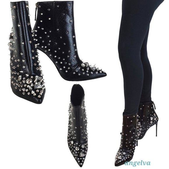 New Steve madden viceroy studded gems pointed toe stiletto heel boots black - Picture 4 of 16